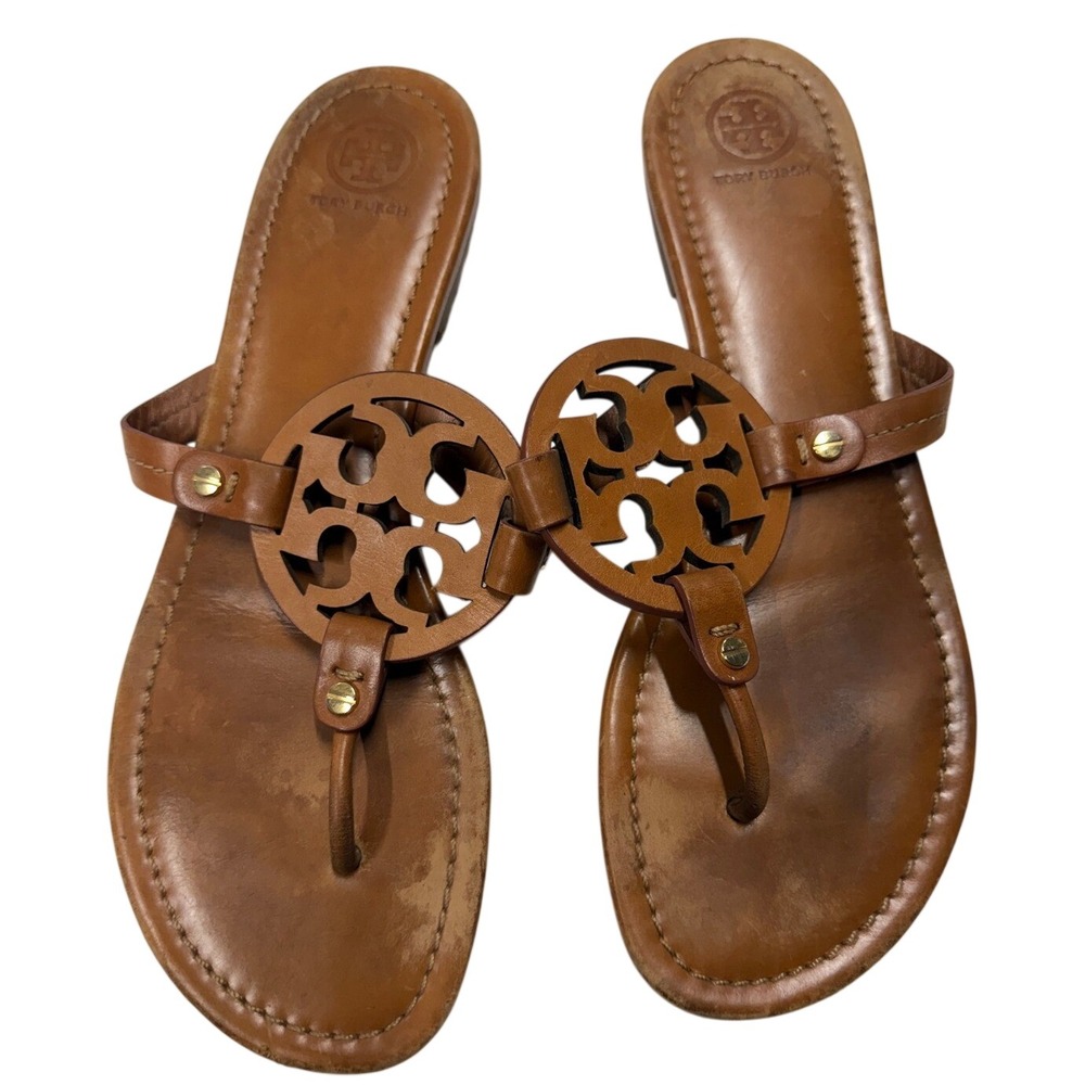 Tory Burch Miller Sandals Tan Leather Thong Flat Logo Medallion Brown Womens